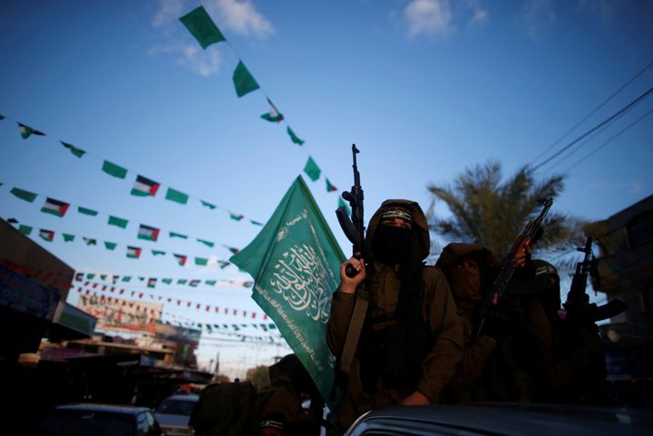 Hamas militants participate in a protest on Dec. 7, 2017 against U.S. President Donald Trump's decision to recognize Jerusalem as the capital of Israel.