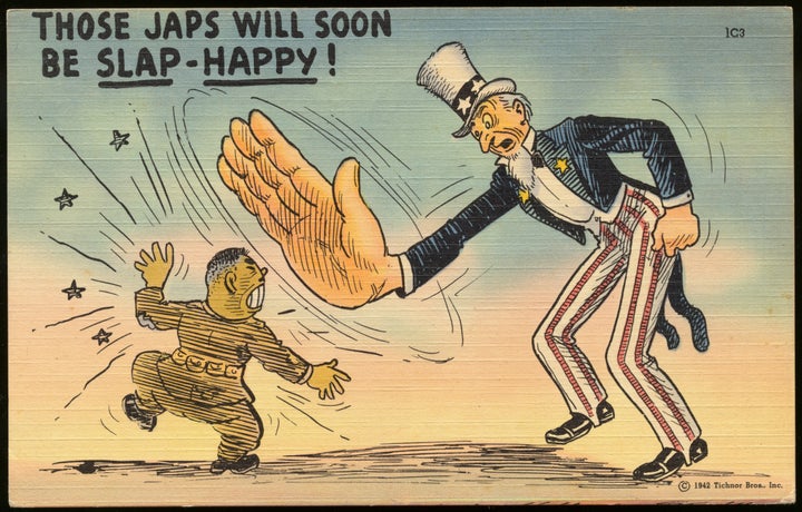 A postcard of Uncle Sam, slapping a Japanese soldier. 