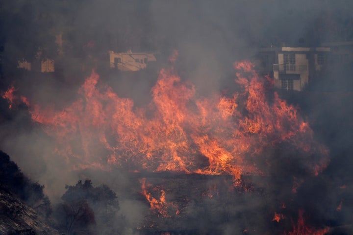 Flames from the Skirball fire rapidly spread up a hillside Wednesday. This is less than 20 miles from my house. Had it jumped the 405 freeway, we would have been evacuated.
