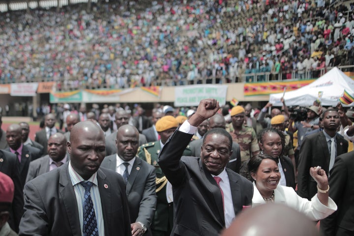 President Emmerson&nbsp;Mnangagwa greets Zimbabweans during his inauguration ceremony on Nov. 24, 2017.