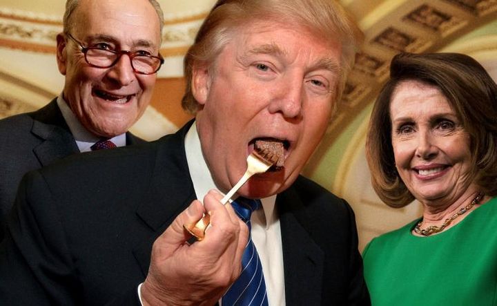 Trump eats cake while Chuck Schumer and Nancy Pelosi watch and smile.