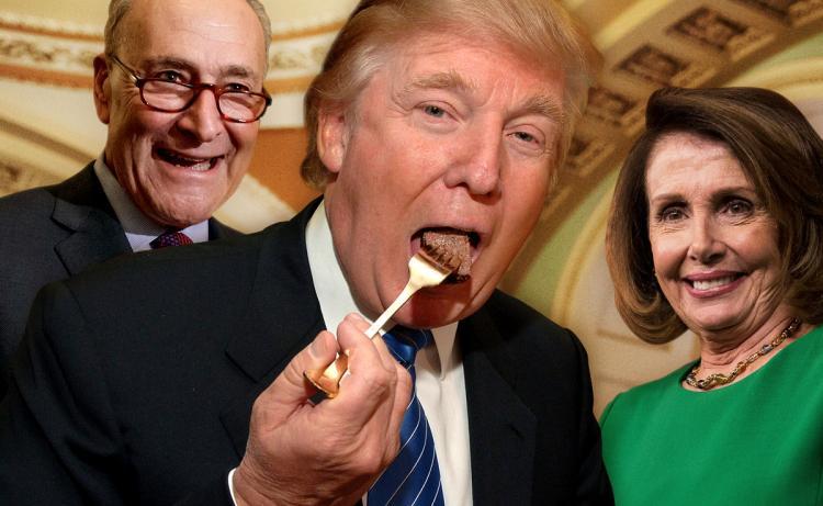 <em>Trump eats cake while Chuck Schumer and Nancy Pelosi watch and smile.</em>