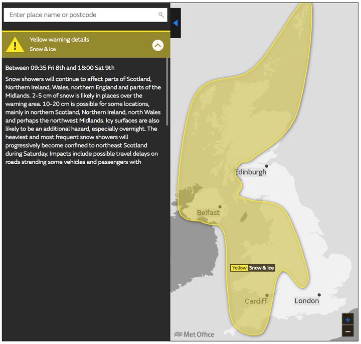 A yellow ice and snow warning from Friday to Saturday 