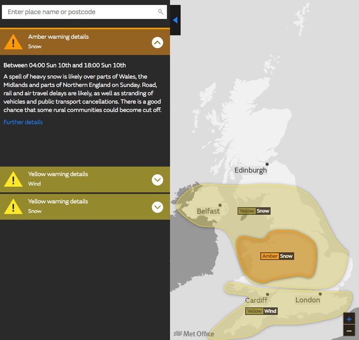 Yellow and amber weather warnings have been issued for Sunday 