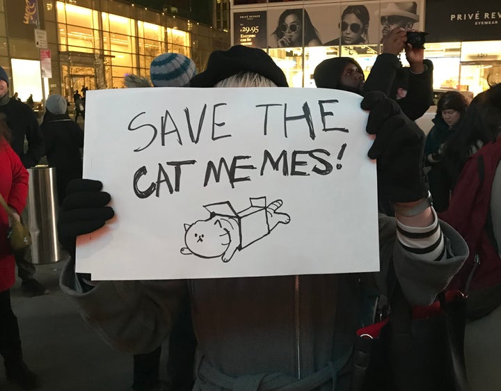 Net neutrality supporters gather at a rally in front of a Verizon store on 42nd Street in New York City on Dec. 7.