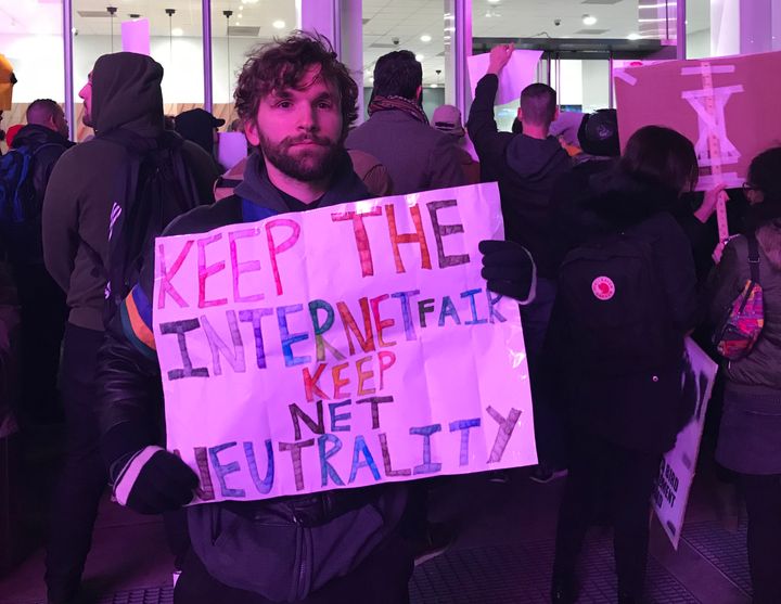 Net neutrality supporter Mislav Forrester at a rally in front of a Verizon store on 42nd Street in New York City on Dec. 7.