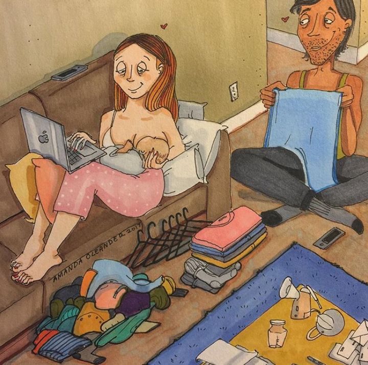 Este dibujo se inspira en una buena amiga de la artista, que hace poco tuvo un bebé. 
