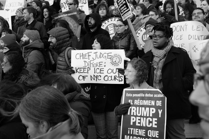 <p>Hundreds of lawyers and public defenders gathered in Brooklyn on December 7, 2017, to demand that ICE be barred from New York courts. </p>