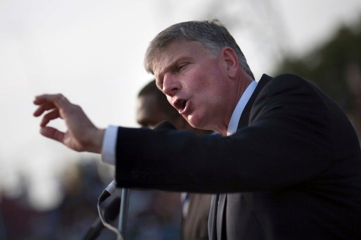 Franklin Graham (shown here at a rally in Haiti in 2011) is planning to attend an evangelistic event in Blackp