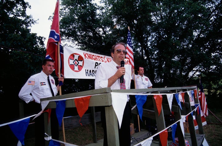 Thomas Robb speaks at a KKK cross-burning rally in Hico, Texas.