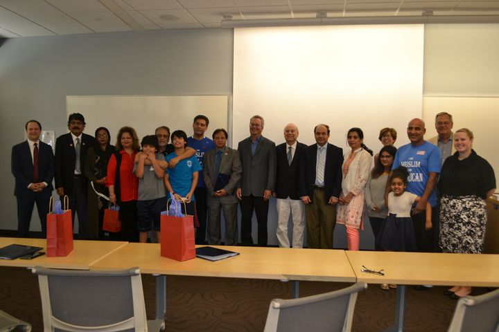 The Cholistan Development Council gathers with their American hosts, including, in the center from left, Dr. Zulfiqar Kazmi, then-Dean James Goldgeier, Ambassador Akbar Ahmed (author), and Ali Imran, on July 12, 2017 at American University.
