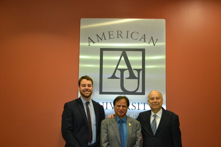 From left, Patrick Burnett, Dr. Zulfiqar Kazmi, and Ambassador Akbar Ahmed (author) gather at American University honoring th