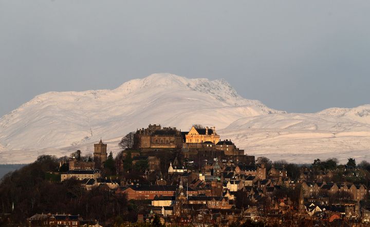 Stirling Castle on Friday morning with the snow-covered Stuc a' Chroin mountain in the background