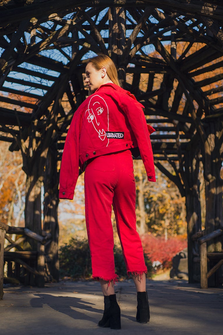 Fitore Miftari in a pantsuit designed by Isabella Acosta for The Style Club’s Girls by Girls line