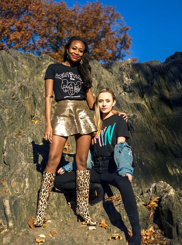 Allie George (left) and Fitore Miftari (right) in shirts designed by Kendra Dandy and Isabella Acosta for The Style Club’s Girls by Girls line