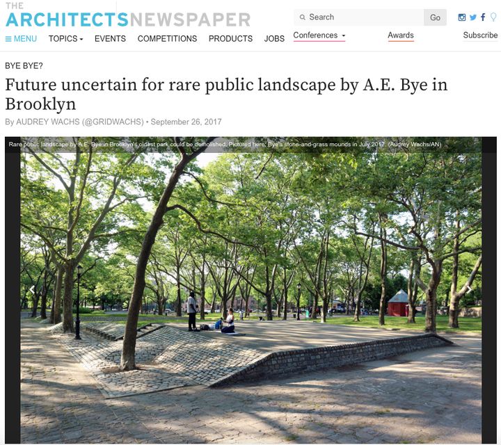 <p>Future uncertain for rare public landscape by A.E. Bye in Brooklyn. Screen capture of homepage.</p>