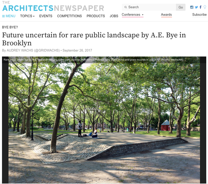 Future uncertain for rare public landscape by A.E. Bye in Brooklyn. Screen capture of homepage.