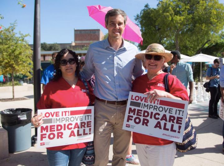 Rep. Beto O'Rourke shown with supporters of single-payer health care.