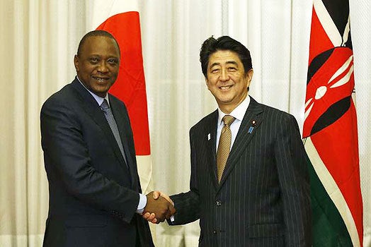 President Kenytta and Prime Minister Abe shake hands during TICAD in Nairobi in September 2016. Universal Health Coverage can be at the vanguard of this partnership.