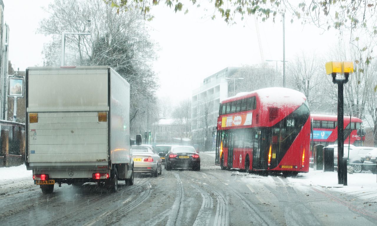 A bus was seen stranded in Camden, north London, after heavy snowfall on Sunday