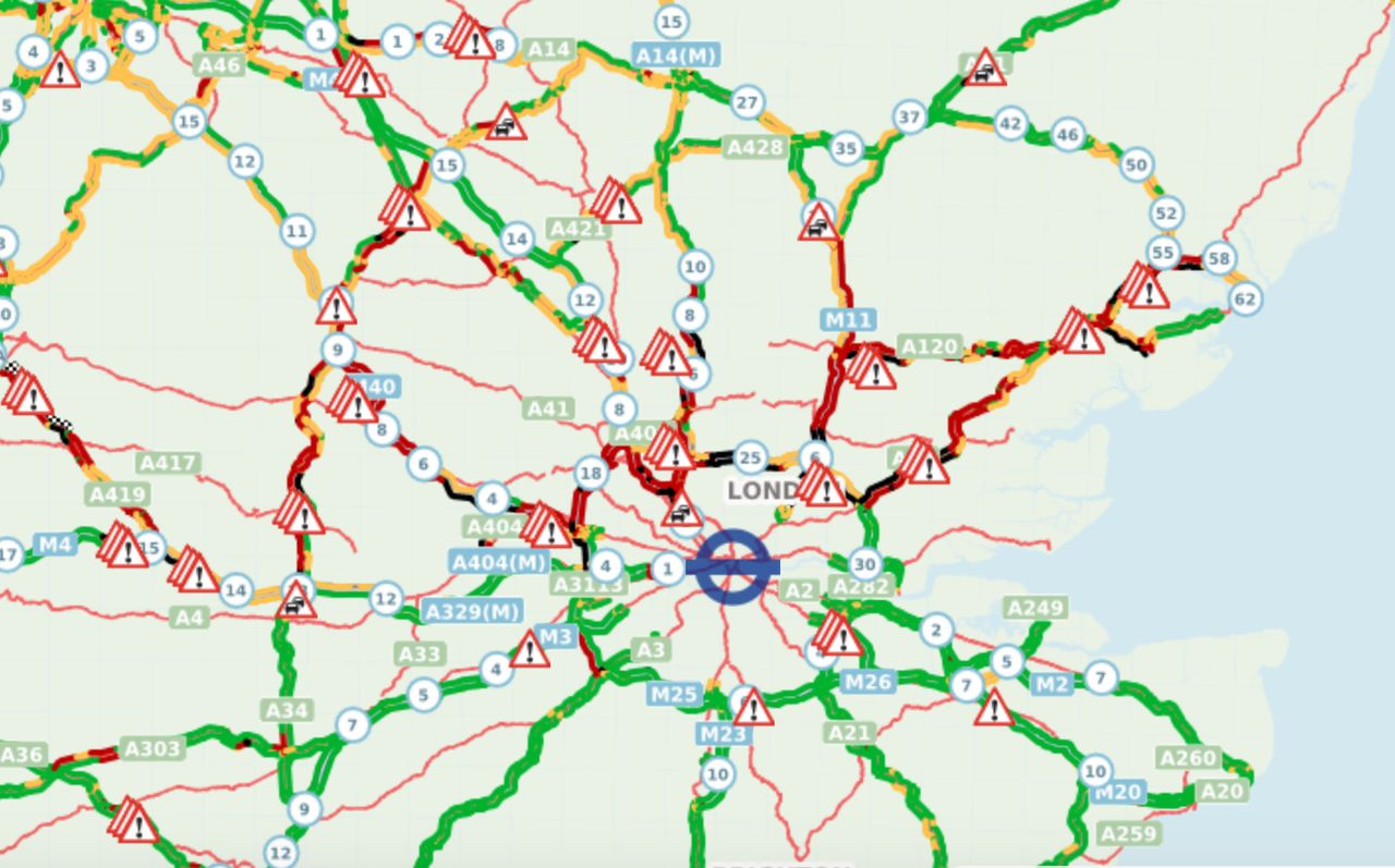 Highways England's traffic map showed traffic was not moving on the M11, M1, A405 and parts of the M25 at 12.00pm GMT on Sunday