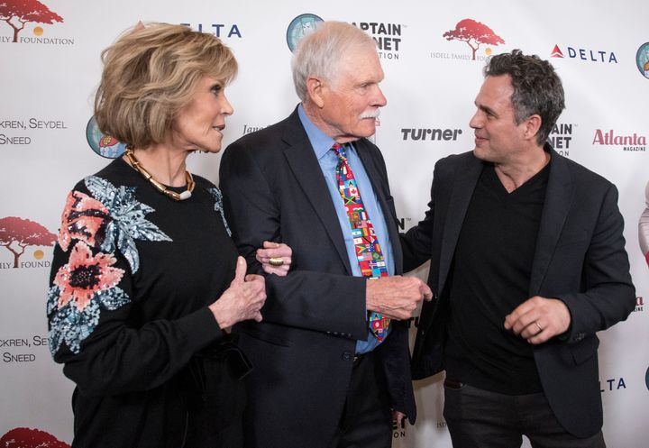 <p>Actor Jane Fonda, left, environmentalist and media mogul Ted Turner and actor and environmentalist Mark Ruffalo, right, talk on the green carpet during the Captain Planet Foundation Gala on Dec. 8, 2017.</p>