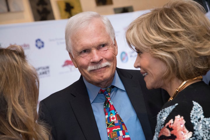 <p>Environmentalist and media mogul Ted Turner talks with actor Jane Fonda, right, and others on the green carpet during the Captain Planet Foundation Gala on Dec. 8, 2017, in Atlanta. </p>