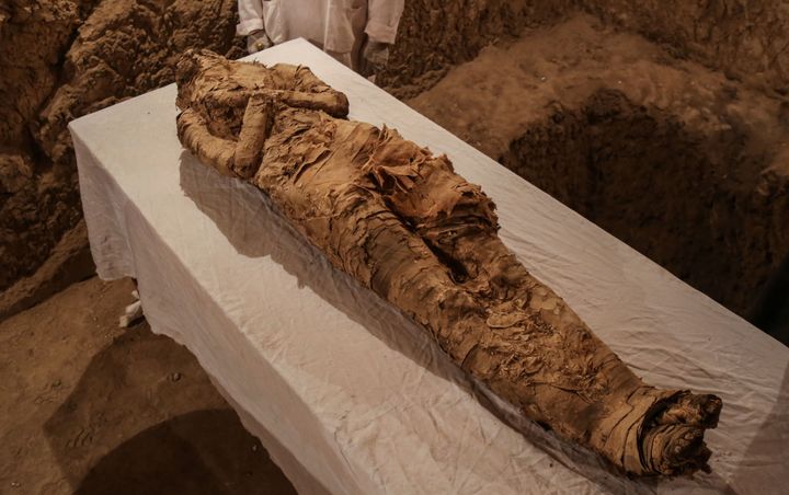 A linen-wrapped mummy found in the Draa Abu el-Naga district of Luxor 