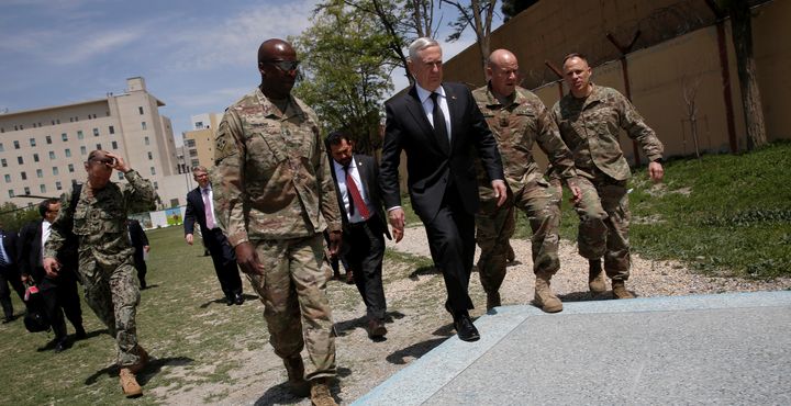 Secretary of Defense James Mattis is greeted by U.S. Army commanders in Kabul, Afghanistan on April 24, 2017.