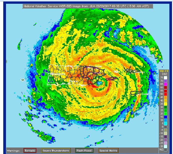 Radar in San Juan showing Hurricane Maria. The radar was knocked out after this image was taken.
