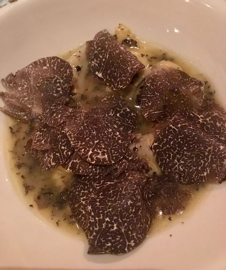 You can’t see the polenta-stuffed ravioli for the truffles, but somewhere under there is the pasta I’ll be making at home. Without truffles, natch