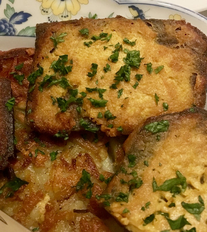 Leftover boiled beef under a flavorful mustard crust