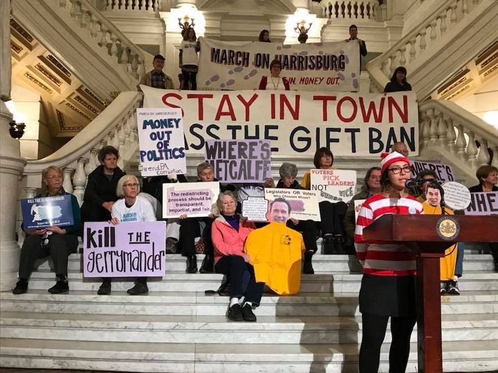 <p>March on Harrisburg activists rally inside the Pennsylvania state capitol building for a state gift ban and gerrymandering reform on November 17, 2017.</p>