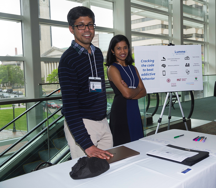 <p>Dr. Abhinav Parate and Dr. Akshaya Shanmugam at the Valley Venture Mentors Accelerator Program Awards Ceremony in Springfield, MA.</p>