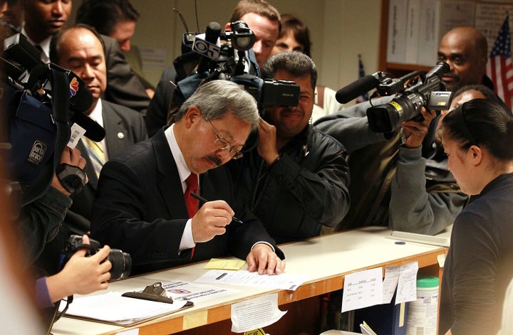 San Francisco interim Mayor Ed Lee files paperwork to officially run for mayor on August 8, 2011 in San Francisco, California.