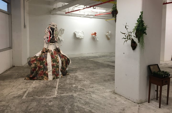 <p>Victoria-Idongesit Udondian, <em>Oba-hyphenated</em>; Lina Puerta, <em>Botánico</em> Series and<em> Island of Langerhans</em> (fountain); Julia von Eichel, <em>Dowel </em>Series; (L—>R); <em>Intertwined</em> at 470 Vanderbilt Ave with Chashama</p>