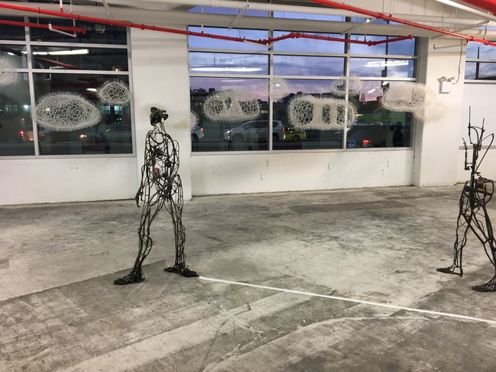 <p>Sui Park, <em>Thought Bubbles and Mostly Cloudy</em>, zip ties; Alexandra Limpert, <em>"I" and "Mechanical</em>", steel and mechanical elements; (L—>R) <em>Intertwined</em> at 470 Vanderbilt Ave with Chashama</p>