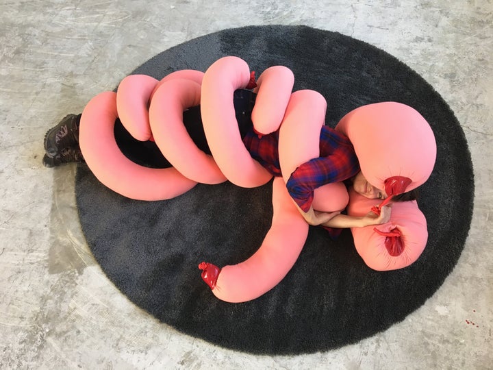 <p>Luiza Kurzyna, <em>Cuddle Monster,</em> fabric, elastic, poly-fiber, rug</p>