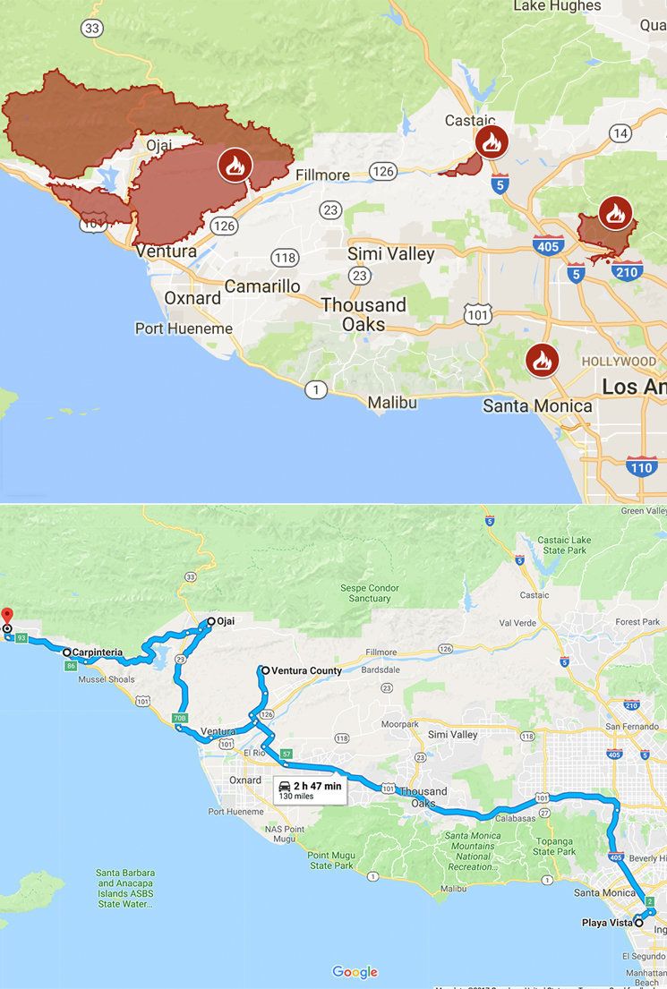 The top map is of the fire areas in Los Angeles. The lower map is the route HuffPost's reporter took.
