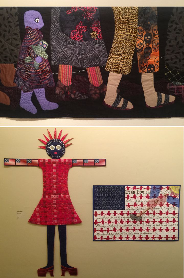 Top: Detail shot of Nancy Lemke, Only 8 ½ of Many Million, 2015. Bottom: Left – Kathryn Pellman. Angry Nasty Woman, 2017. Right – Susan R. Lane. Broken – Sate of the Union 2017, 2017. All artworks part of Art Quilts at California Heritage Museum, Santa Monica. Photos by Edward Goldman.