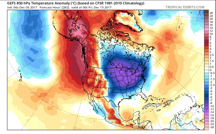 <p>The ominous unseasonable heat along the western coast of the North American continent extending into the Arctic region and across into the North Atlantic, December 3, 2017.</p>
