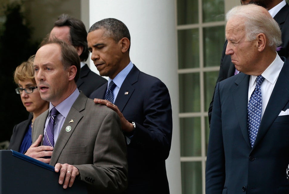 Mark Barden joins President Barack Obama and Vice President Joe Biden to make a statement on gun violence at the White House in April of 2013.