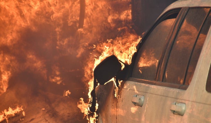 A car burns north of Los Angeles on Dec. 5, 2017.