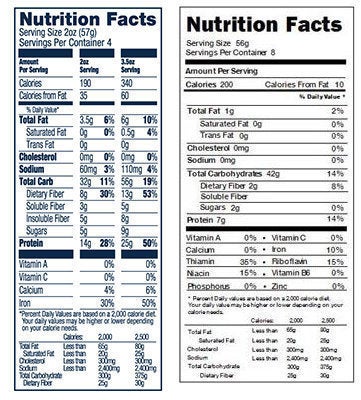 A nutrition label of Banza on the left and traditional pasta on the right.