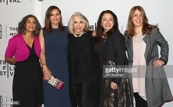 L-R Geeta Gandbhir (Director, IAE), Mariska Hargitay (Producer, IAE), Sheila Nevins ( President of HBO Documentary Films), Trish Adlesic (Director, IAE) and Nancy Abraham (VP, Documentary Programming, HBO)