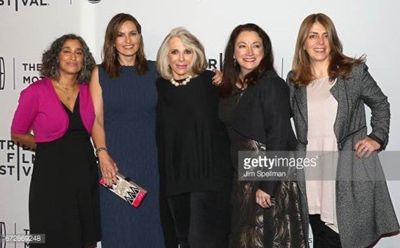 L-R Geeta Gandbhir (Director, IAE), Mariska Hargitay (Producer, IAE), Sheila Nevins ( President of HBO Documentary Films), Trish Adlesic (Director, IAE) and Nancy Abraham (VP, Documentary Programming, HBO) 