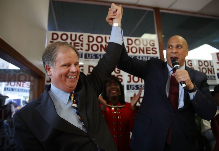 Doug Jones campaigns with Sen. Cory Booker (D-N.J.) in Birmingham, Alabama, on Dec. 10, 2017.