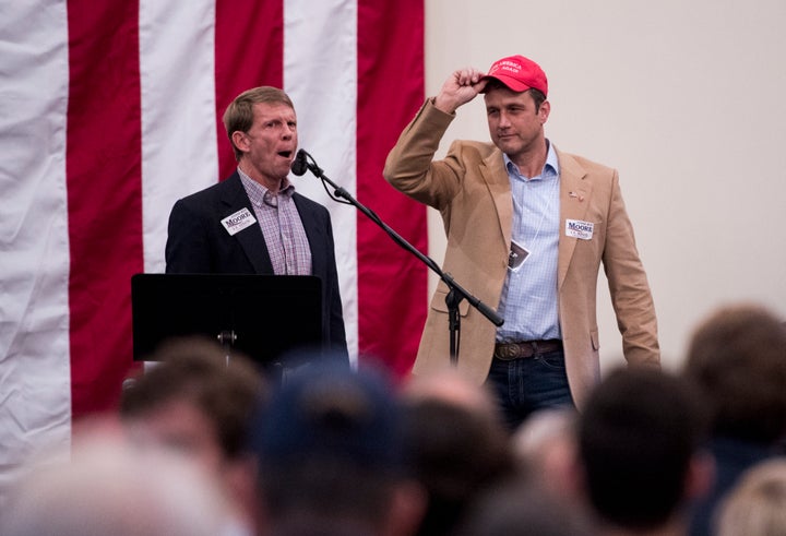 Paul Nehlen, right, is introduced at a "Drain the Swamp" Roy Moore campaign event in Midland City, Alabama, on Monday.