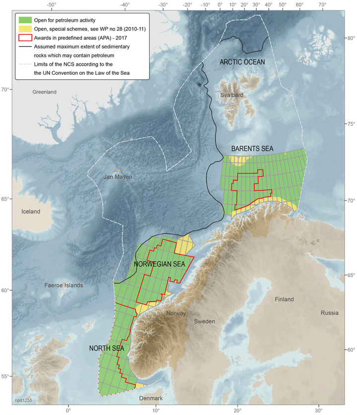 Map of Norway and areas open to oil and gas activities (in green).