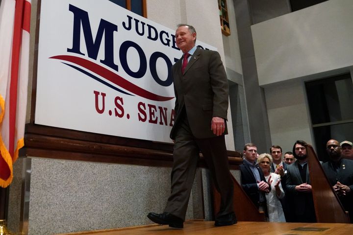 Republican U.S. Senate candidate Roy Moore walks on stage Tuesday at his election night party in Montgomery, Alabama.